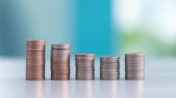 Stacks of Coins Growing Progressively Taller Symbolizing Financial Growth and Success in Business Investments and Economic Progress with a Blue and Green Gradient Background photo
