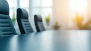 Modern Corporate Boardroom With Long Table And Leather Chairs In Bright Office Setting With Sunlight photo