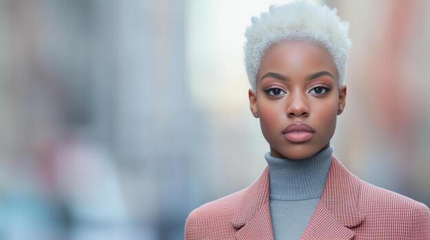 Fashionable Non-Binary Individual in Stylish Attire with Motion Blur on Urban Street in Soft Light Highlighting Modern Fashion Aesthetics and Unique Style photo