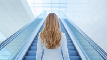 Businesswoman Ascending Escalator in Modern Building with Glass Ceiling, Focus on Ambition and Progress in Corporate Environment with Contemporary Architecture and Professional Attire photo