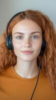 Call Center Female Employee with Headset Smiling at Camera Providing Customer Support Services photo