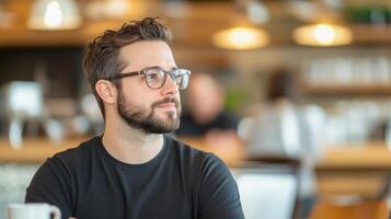 Entrepreneur in Modern Co-Working Space with Blurred Background for Focused Work Environment and Networking Opportunities in Urban Setting photo