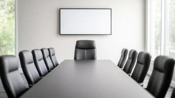 Modern Boardroom With Leather Chairs and Long Table in a Minimalist Setting, Featuring Blank Presentation Screen and Large Windows photo