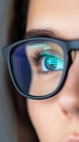 Close Up Portrait of Software Engineer With Glasses Reflecting Computer Code, Focused Gaze, Intense Look, Professional Setting, Technology Work Environment. photo