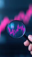 Hand Holding Magnifying Glass Over Digital Stock Market Display with Pink Graph Lines Showing Market Trends in a Modern Financial Analysis Setting photo