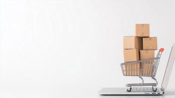 Shopping Cart with Cardboard Boxes on Laptop Keyboard for E-Commerce and Online Shopping Concepts in Modern Retail Business, Technology and Logistics, Minimalist Design, White Background photo