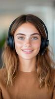 Happy Woman Consultant Working at Call Center Smiling with Headset in Modern Office Ready to Assist Clients with Professional Service and Support in Customer Relations and Communication Industry photo