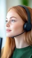 Customer Support Service. Profile of woman with red hair wearing headset. Call center and customer service concept in natural light photo