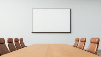 Modern Conference Room With Long Wooden Table and Leather Chairs Facing a Blank Whiteboard for Professional Meetings and Corporate Presentations photo