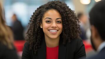 Smiling Businesswoman Engaged in Networking at Corporate Event with Colleagues Indoors, Professional Attire, Vibrant Atmosphere, Focused Interaction, Successful Diverse Team Collaboration photo