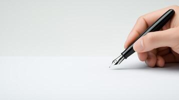 Hand Holding Fountain Pen on White Background for Contract Signing and Business Concepts in Minimalist Style photo