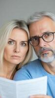 Concerned Middle Aged Couple Reviewing Financial Budget at Home Highlighting Financial Planning and Budget Challenges Concept with Detailed Expressions and Introspective Atmosphere photo