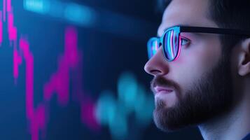 Analyst Examining Financial Data on Digital Charts with Focused Expression and Neon Reflections in Glasses for Modern Business Insight Concepts and Contemporary Financial Analysis photo