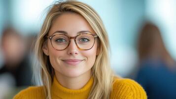 Smiling Professional Engaging in Networking Event Wearing Stylish Glasses and Yellow Sweater in a Modern Business Setting With Blurred Background Focused on Young Female Entrepreneurial Presence photo