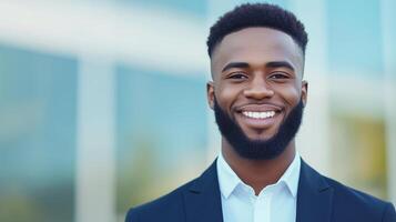 Smiling Black Beard Businessman in Suit Posing Confidently Outdoors with Professional Attire Against Urban Background photo