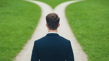 Businessman Standing at Fork in the Road Depicting Decisions and Choices with Green Grass and Clear Sky in Background Symbolizing Career Path and Life Journey photo
