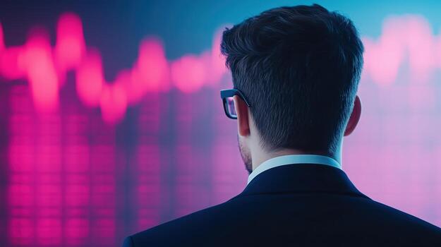 Business Analyst Examining Financial Data with Stock Market Graph on Screen in Modern Office Environment Reflecting Economic Trends and Analysis Strategies photo