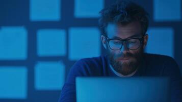 Entrepreneur Working Late at Night in Dimly Lit Office with Laptop and Blue Light Setting photo