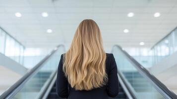Businesswoman Ascending Escalator in Modern Building with Stylish Blonde Hair, Professional Attire, and Bright Contemporary Interior Design, Emphasizing Progress and Urban Architecture photo
