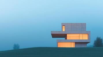 Modern Cubic House with Wooden Elements at Twilight Illuminated Against a Blue Sky and Lush Greenery, Showcasing Architectural Minimalism and Contemporary Design in a Serene Evening Landscape photo
