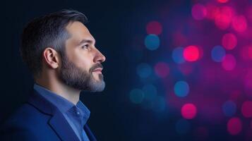 Business Analyst Using AI Technology for Trend Forecasting in Modern Office Setting with Futuristic Digital Interface and Abstract Bokeh Background for Innovation and Data Analysis Concept photo