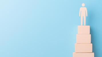 Inspirational Leadership Concept With Wooden Figure On Block Pyramid Against Blue Background Reflecting Growth And Success photo