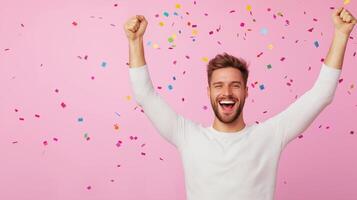 Happy man celebrating with colorful confetti on a pink background. Festive and joyful celebration concept. photo