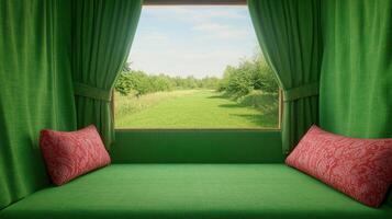 Scenic View from Caravan Interior with Green Screen Cloth and Lush Countryside Landscape Framed by Curtains Enhancing Travel Adventure and Nomadic Lifestyle in Storytelling Exploration photo