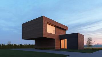 Modern Cubic House with Wooden Elements at Dusk Featuring Sleek Architectural Design and Tranquil Evening Atmosphere in a Minimalist Landscape Surrounded by Nature and Soft Lighting photo