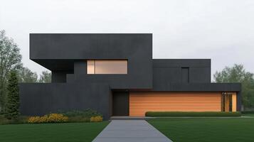 Modern Cube House With Wood Elements At Dusk Showcasing Minimalist Architecture And Creative Design, Perfect For Contemporary Housing Inspiration And Outdoor Living Concepts photo