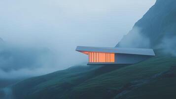 Futuristic Trapeze Building With Lights in Misty Mountain Landscape Reflecting Modern Architecture and Tranquil Serenity in a Foggy Remote Setting for Design and Innovation Inspiration photo