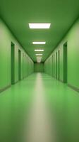 Futuristic Green Corridor in Modern Hospital with Symmetrical Design and Bright Neon Lighting for Wellness Concept and Healthcare Interior Visualization photo