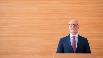 Business Leader Speaking at Podium Against Modern Backdrop in Elegant Suit and Tie Ideal for Corporate Presentations, Conferences, and Professional Settings with a Focus on Leadership and Authority photo