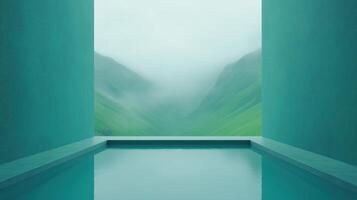 Serene Green Mountain View Through Hot Spring Chalet Window With Tranquil Atmosphere And Minimalistic Modern Design For Relaxation And Nature Enjoyment In Japanese-Inspired Architectural Setting photo