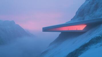 Futuristic Trapeze Building Illuminated Against Misty Mountain Backdrop at Dawn Emphasizing Modern Architecture in a Serene Landscape with Soft Lighting in a Picturesque Winter Setting photo
