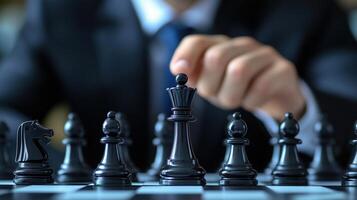 Businessman Strategizing Chess Move for Development and Growth with Focus on Queen and Pawns in Corporate Setting photo