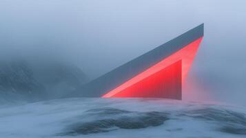 Futuristic Lighted Trapeze Building Amid Foggy Mountainscape Featuring Neon Red Geometric Shapes in Winter Scene for Modern Design and Architecture Enthusiasts and Abstract Art Lovers photo