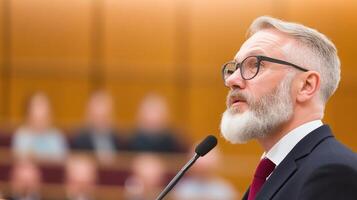 Business Leader Delivering Inspiring Speech at Conference Podium in Professional Setting with Audience Engagement and Thought Leadership Focused Event photo