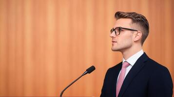 Confident Business Professional Speaking at Podium in Formal Suit with Microphone Against Wooden Backdrop photo