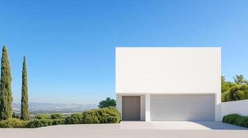 Modern Minimalist White House With Garage and Clear Blue Sky in Suburban Setting for Architectural Design Inspiration and Real Estate Concepts Highlighting Simplicity and Contemporary Style photo