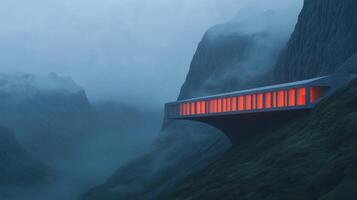 Futuristic Trapeze Building Illuminated in Misty Mountainous Landscape at Twilight with Mysterious Glow and Architectural Innovation Exemplifying Modern Design Amidst Natural Surroundings photo