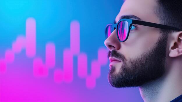 Analyst Reviewing Financial Data on Digital Charts with a Futuristic Background in Neon Colors Highlighting Modern Business Analysis and Technology Trends photo