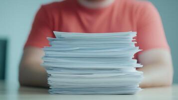 Stack Of Documents And Reports On Desk With Person In Background Wearing Red Shirt Showing Office Workload And Organization photo