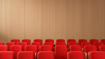 Modern Auditorium with Red Seats and Wooden Panels in Contemporary Design Capturing Seating Arrangement and Minimalist Style for Architectural and Conference Use photo