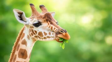 Giraffe Reaching Up to Eat Leaves from Tall Tree in Lush Greenery Against Soft Focus Background photo