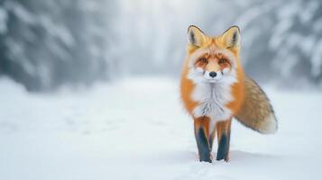Red Fox With Bushy Tail in Snowy Forest Captivating Winter Wildlife Photography Featuring Lush Fur and Majestic Expression Amidst Serene Nature Background Showcasing Calm and Mystical Beauty photo