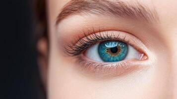Close-up of a blue-green eye with detailed iris and natural makeup on skin. Macro photography for beauty and health concepts photo
