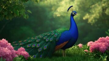 Majestic Peacock Displaying Vibrant Tail Feathers in Lush Garden With Pink Flowers and Green Foliage in Serene Natural Scene photo