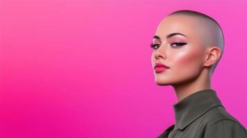 Confident Woman with Alopecia in Stylish Green Outfit on Vibrant Pink Gradient Background Showcasing Bold Makeup and Elegant Attitude photo
