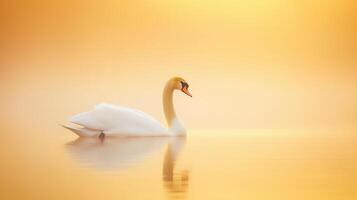 Majestic Swan Gliding Across Tranquil Lake at Golden Sunset Creates Ethereal Atmosphere with Soft Reflections and Warm Tones Ideal for Nature Calm Serenity and Peaceful Mood in Photography photo
